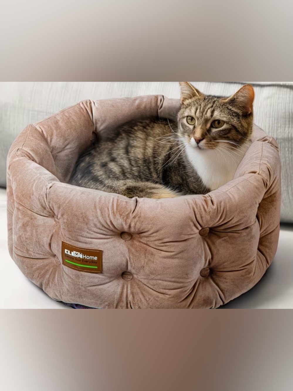 🟤 ClevaHome Beige Plush Cat Bed - Cozy Round Pet Nest